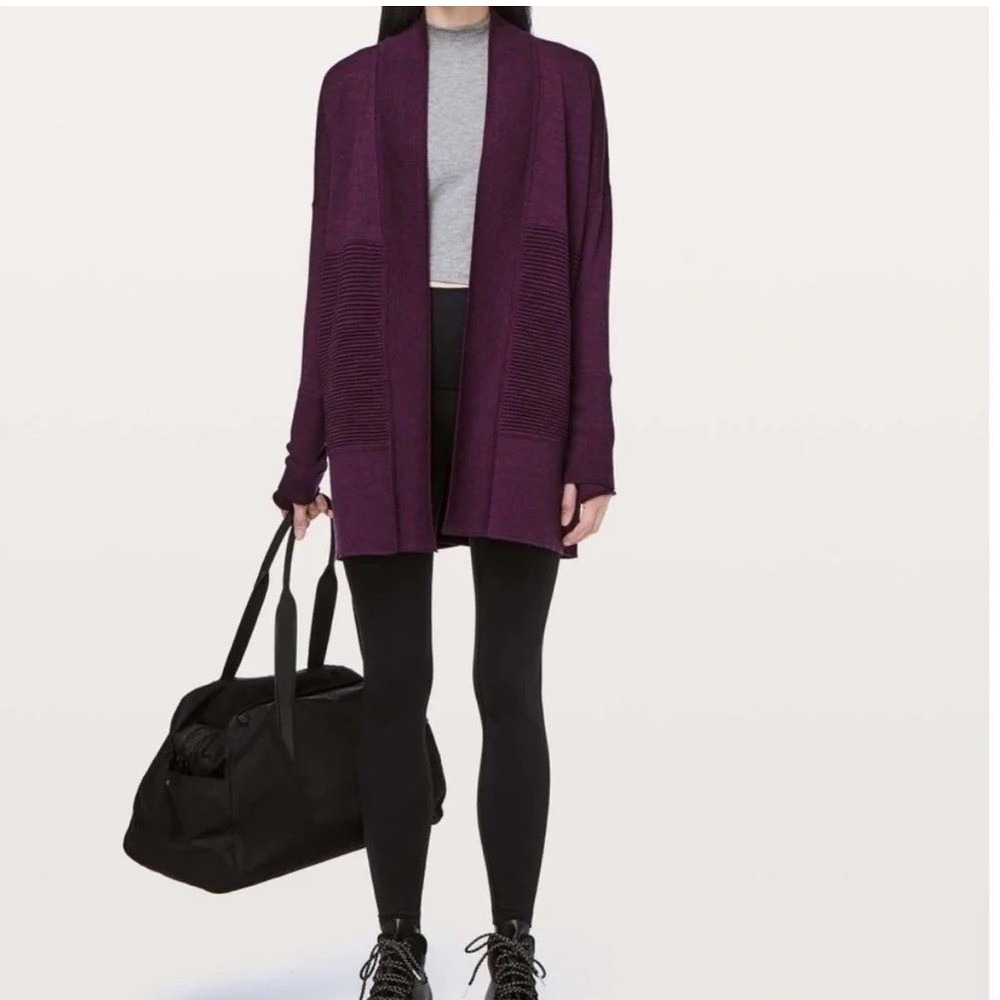 Lululemon Sit In Lotus Wrap 8 Purple 100% Merino Wool Open Front Sweater